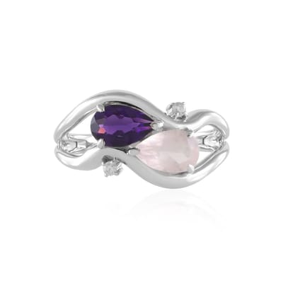 Cavill - Zilveren ring met 925 Sterling zilver, platina - Rozenkwarts 0 68 ct & Amethist 0 70 ct, 1 44 ct totaal - Elegant peervormig design