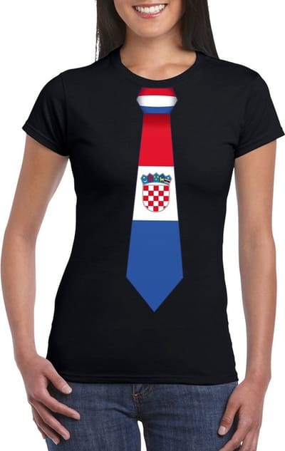 Zwart t-shirt met Kroatische vlag stropdas dames - Kroatie supporter S