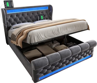 Golaro Bed - Tweepersoonsbed - 140 x 200 cm - Modern Gestoffeerd Bed met USB en Opbergruimte - Grijs - Fluweel - Luxe Bed