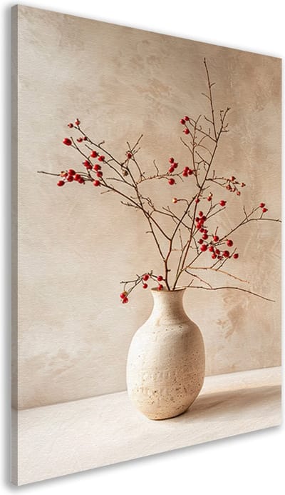 Minimalistisch Vaas met Takjes - Canvas Schilderij - 100×150 cm - Kantoor Decoratie - Rode Besjes - Beige - Rood - Bruin