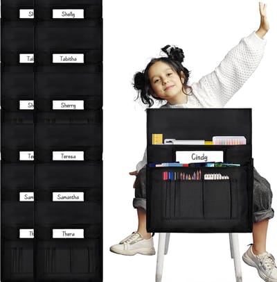 Klaslokaal Stoel Zakken - Buddy Pockets - Klaslokaal Organisatie - 12 Compartimenten Naamlabel - 47x39cm - Zwart