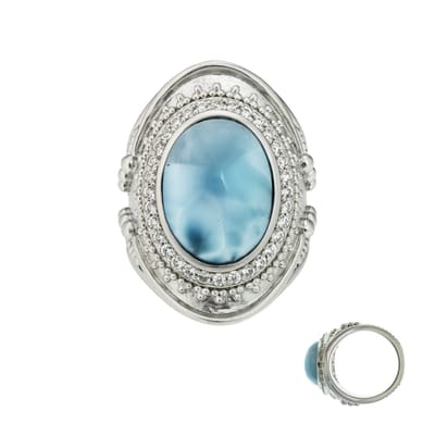 Cavill - Larimar Ring 7 38 ct Ovaal Cabochon - 925 Sterling Zilver - 32 Pave Zirkonen 0 603 ct - Elegante Damesring Dominicaanse Republiek
