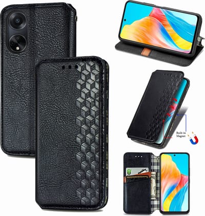 Luxe PU Lederen Ruitpatroon Wallet Case + PMMA Screenprotector voor OPPO A98 5G _ Zwart