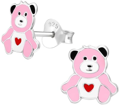 Joy|S - Zilveren beer oorbellen - 8 x 9 mm - roze met rood hartje - oorknoppen voor kinderen