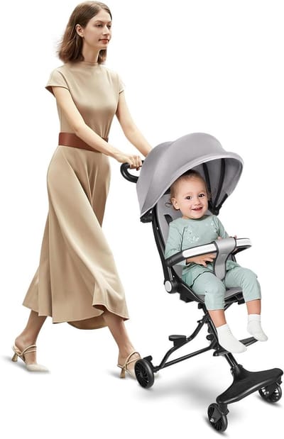OHMG Wandelwagen, ultralicht, opvouwbaar, wandelwagen, 6 maanden, draagbaar, licht, compact, licht, tot 25 kg, verstelbaar, 5-punts harnas (zwart + grijs, 30 x 55 x 86,5 cm)