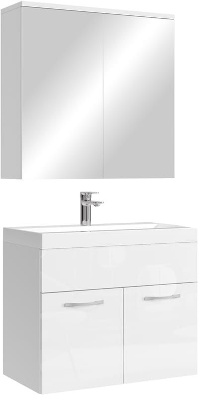 Badplaats Badkamermeubel Montreal 60 x 35 cm – Hoogglans Wit – Wastafel met Onderkast en Spiegelkast