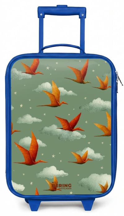 NoBoringSuitcases.com® - Kinderkoffer blauw - Kindertrolley jongen - Vliegende pterosaurussen tussen sterren - Koffer kind lichtgewicht - Reiskoffer trolley voor kinderen - Koffertje met lichtgevende wieltjes - Rolkoffer