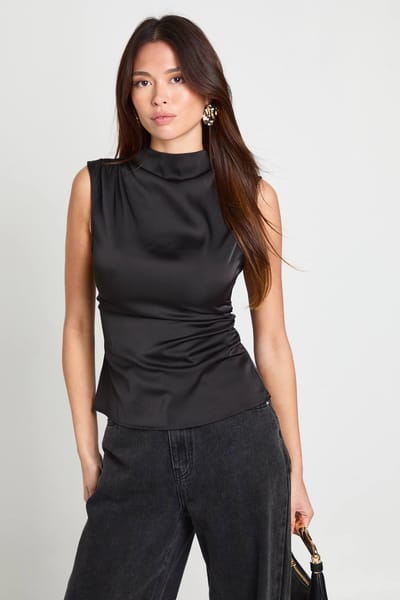 boohoo Dames Satijn top met hoge hals en geplooide stof | Black | Maat: 6