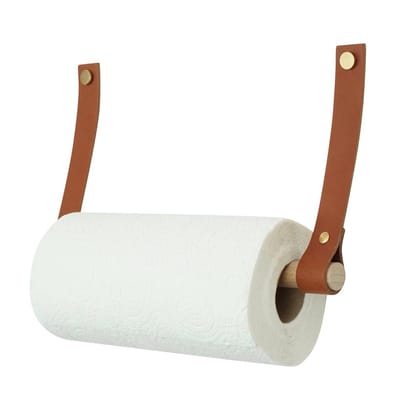Handles and more® - Leren keukenrolhouder - Kleur: Cognac - Roldrager: rondhout - keukenrolhouder aan wand