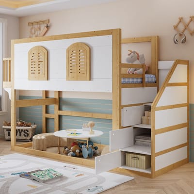 HAUSS SPOLE Halfhoogslaper 90x200 cm - Kinderbed Met Trapkast En Speelruimte Zonder Matras - Massief Hout - Naturel Wit