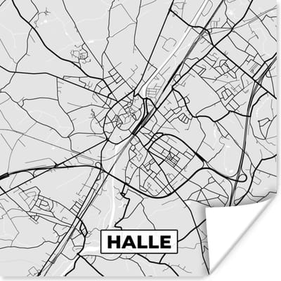 Poster Zwart Wit – België – Plattegrond – Stadskaart – Kaart – Halle - 100x100 cm XXL