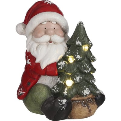 House of Seasons Kerstman Kerstbeeld met LED Verlichting – Polyresin – 22.5 x 21.5 x 25.5 cm – Rood