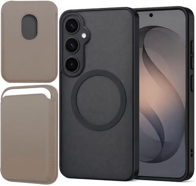 Hoesje + Pasjeshouder geschikt voor Samsung Galaxy S26 - Portemonnee geschikt voor MagSafe - Magnetisch - Pasjes Houder - Creditcardhouder - Taupe