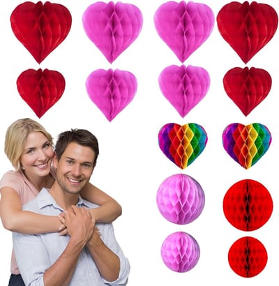Hartige Hangende Hartvormige Slingers, 14 Stuks Gemengde Tissue Papieren Pompons voor Bruiloft, Verjaardag en Feestdecoratie