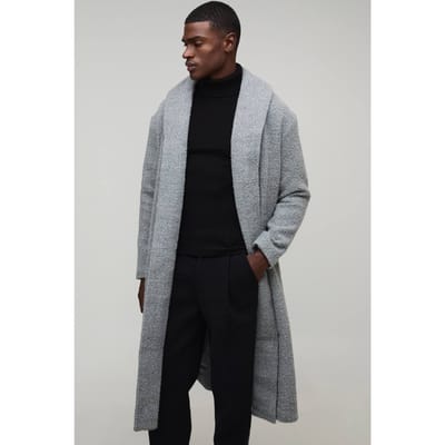 Oversized Single Breasted Shawl Collar Self Belted Longline Boucle Overcoat | Grey | Size XS