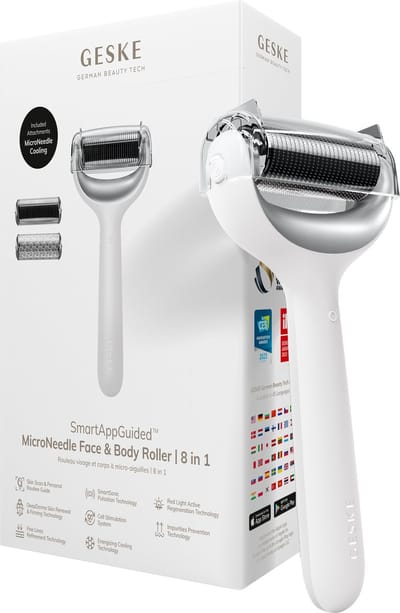 GESKE | SmartAppGuided™ MicroNeedle Face & Body Roller | 8 in 1 | Elektrische dermaroller | Microneedling | Microneedling-apparaat | Naaldrol | Naaldroller | Schoonheidsroller voor gezicht en lichaam