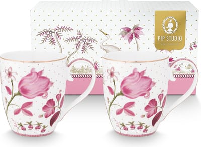 Pip Studio Jolie Pink Tulp set van twee Grote Witte Mokken XL 450ml met - Roze Tulpen illustratie - Porselein