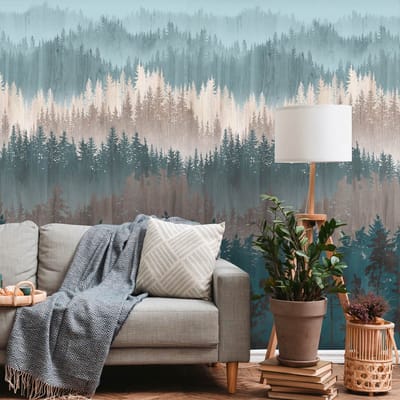 Fotobehang Profhome 391811-GU vliesbehang hardvinyl warmdruk in reliëf glad met bosmotief mat blauw beigebruin petrol crèmewit 1,59 m x 2,8 m