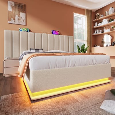 Gutent-Gestoffeerd bed 180x200 cm-tweepersoonsbed met opbergruimte-bedframe met lattenbodem-linnen-beige-zonder matras en nachtkastje