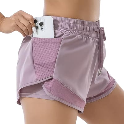 Dames Sportshort Hoge Taille – Korte Sportbroek, Dubbelgelaagd, Anti-Inkijk, Sneldrogend voor Yoga, Fitness en Hardlopen - Paars - Maat S