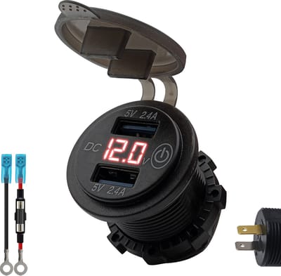 ProRide 12V USB Stopcontact 2 Poorten Inbouw met Schakelaar/Voltmeter - 5V/2.4A - met Aansluitkabel 60cm en Glaszekering 10A - Rood