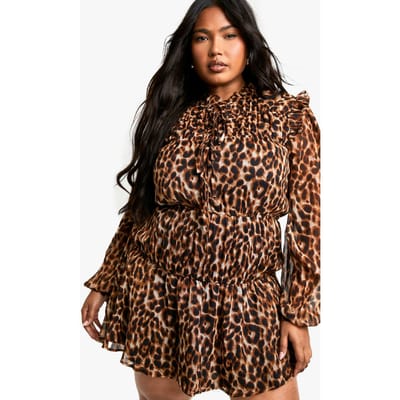 boohoo Dames Plus Leopard Tie Front Smock Dress | Maat: 16