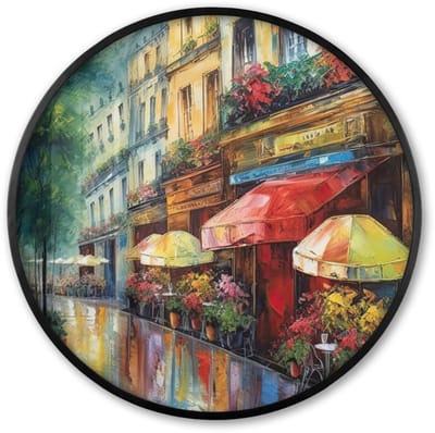 Poster in lijst Rond - Fotolijst 60x60 cm - Posters - Straat - Olieverf - Kleurrijk - Stad - Ronde posterlijst zwart - Decoratie - Wanddecoratie woonkamer - Muurdecoratie slaapkamer
