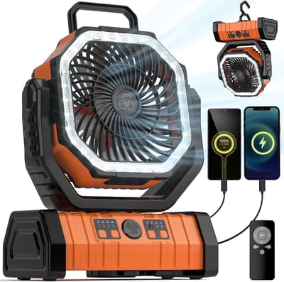Campingventilator 20000mAh – LED Lantaarn – 4 Standen – Afstandsbediening – Timer – Haak – USB-C Snelladen – 12-58 Uur – Voor Tent – Buiten & Thuis – Zwart/Oranje