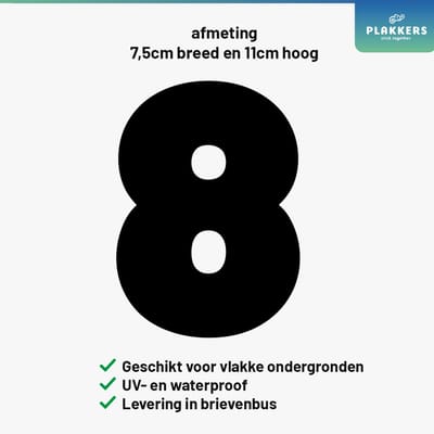 Cijfersticker Nummer 8 Zwart - Brievenbus - Container - Deur