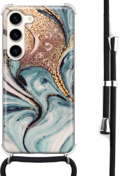 Hoesje met koord - Geschikt voor Samsung Galaxy S23 - Marmer blauw swirl - Verstelbaar zwart koord - Crossbody - Marmer - Transparant, Blauw, Goud - Leuke Telefoonhoesjes