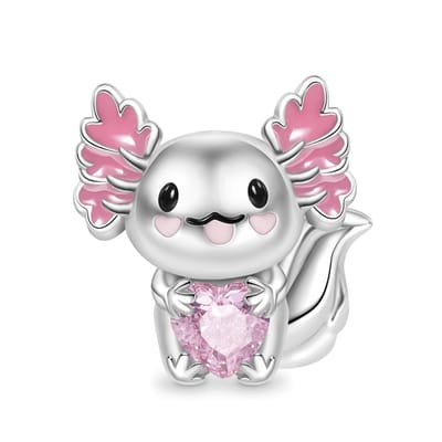 Fler® | Bedel | Past op populaire bedel armbanden (standaard-3mm) | armbandbedel | Mexicaanse Axolotl Hagedis met Roze Liefdeshart | Hangbedel Charm | 925 sterling zilver | Zirkonia | Zwarte & Roze | Vriendschap, Verjaardag, Cadeau | Valentijn kado