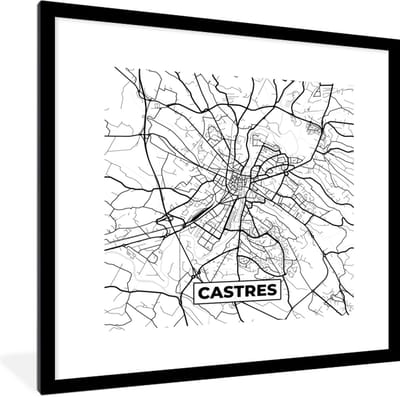 Fotolijst incl. Poster Zwart Wit- Frankrijk - Castres - Kaart - Plattegrond - Stadskaart - Zwart wit - 40x40 cm - Posterlijst