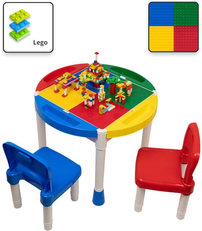 Kindertafel met 2 Stoeltjes - Speeltafel met bouwplaat en vlakke kant - 4 Bakjes - Geschikt voor Lego® Bouwstenen