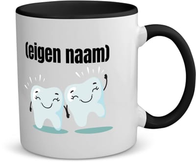 Akyol - 2 tanden koffiemok - theemok - zwart - Tandarts - mondhygienist - met eigen naam - leuk cadeau voor iemand die tandarts is - cadeau - kado - 350 ML inhoud