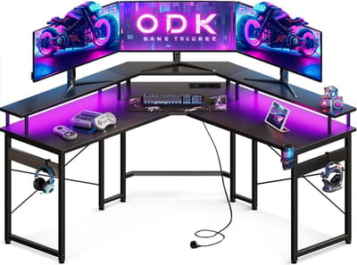 Hoekbureau -129 x 129 cm-gamingbureau met led-pc-tafel voor gaming met 2 stopcontacten en 2 usb-oplaadaansluitingen- computertafel met royale monitorplank-koolstofvezel