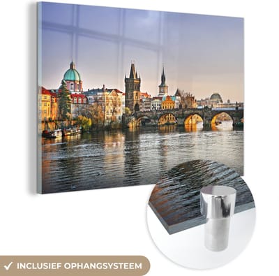 ® Glasschilderij 180x120 cm - Schilderij acrylglas - Uitzicht op de Karelsbrug over de Vltava - Foto op glas - Muurdecoratie woonkamer - Wanddecoratie slaapkamer - Schilderijen