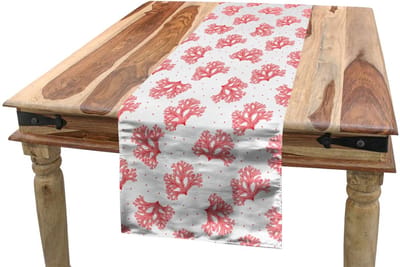 ABAKUHAUS Tafelrunner – Geometrisch patroon – Onderwater-zeegras – 40×180 cm – Wit en koraalrood