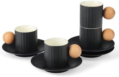 PromoHome Zwarte Koffieservies Set van 4 met Houten Handvatten