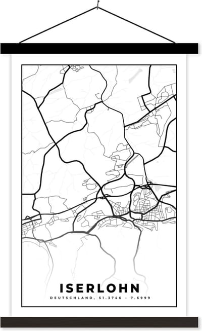Posterhanger incl. Poster 40x60 cm - Schoolplaat - Stadskaart - Iserlohn - Plattegrond - Kaart - Textielposter - Zwarte latten - Stadskaart