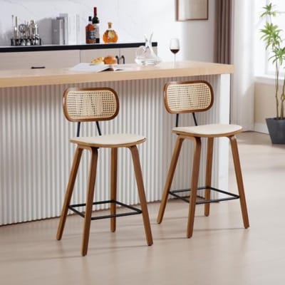 Thuys - Barkrukken Set van 2 - Barkruk - Barstoel met Voetensteun en Rugleuning - Beige