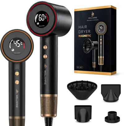 Wellshine Föhn met Diffuser - Ionische Haardroger voor Krullen & Stijl - Haarföhn - Reisföhn - Coolshot - 3 Standen - Föhn met Borstel - Incl. 4 Opzetstukken - Sèche Cheveux - Hairdryer - 1100W
