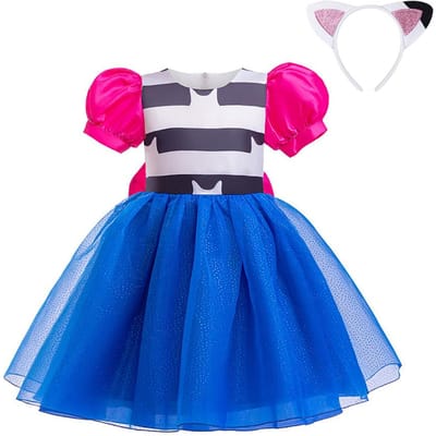 Meisjes Gabby Verkleden Kostuum Poppenhuis Cartoon Rollenspel 2 Delige Sets Gestreept Tule Jurkjes Kinder Spel Speel Thema Jurk 3T Tag-110 blue