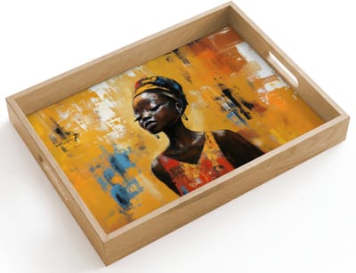 Dienblad hout 40x30 cm - Schootdienblad - Vrouw - Ogen - Penseelstreken - Geel - Borrelplank rechthoek - Plateau dienbladen