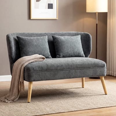 MODFU 2-Zitsbank - Compact - Met Vleugelrug - Chenillestof - Houten Poten - Grijs - 117 x 65 x 78,5 cm