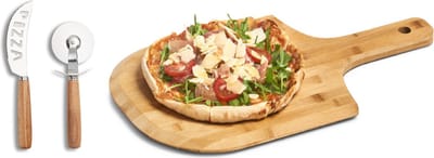 Houten pizza snijplanken/pizzabord bord met handvat 53 cm - Inclusief messen set