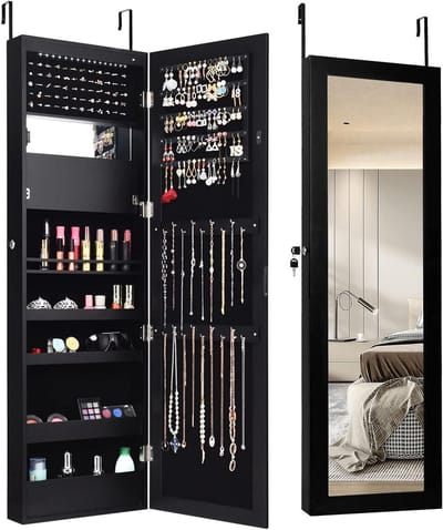 Juwelenkabinet met Spiegel - Sieradenkast Opberger - Sieraden Organiseren - Afsluitbaar met LED - 27 x 110 cm - Zwart