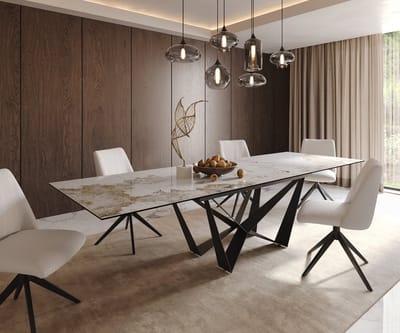 Eetkamertafel Edge keramiek Minas Melange wit-beige 200-300x100 spider vlak staal zwart uitschuifbaar