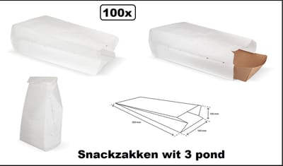 100x Snack zakken wit 3 pond geperforeerd - nr 29 - grote maat - Patat snacks belegde broodjes food friet