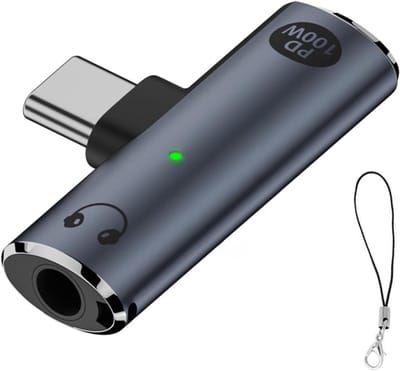 100W USB-C naar 3,5 mm koptelefoonadapter, compacte hulpkonverter met haaks ontwerp, ideaal voor reizen en gemakkelijk mee te nemen