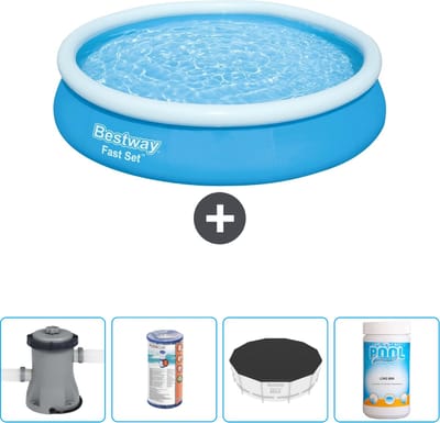 Bestway Rond Opblaasbaar Fast Set Zwembad - 366 x 76 cm - Blauw - Inclusief Pomp Filter - Afdekzeil - Chloor